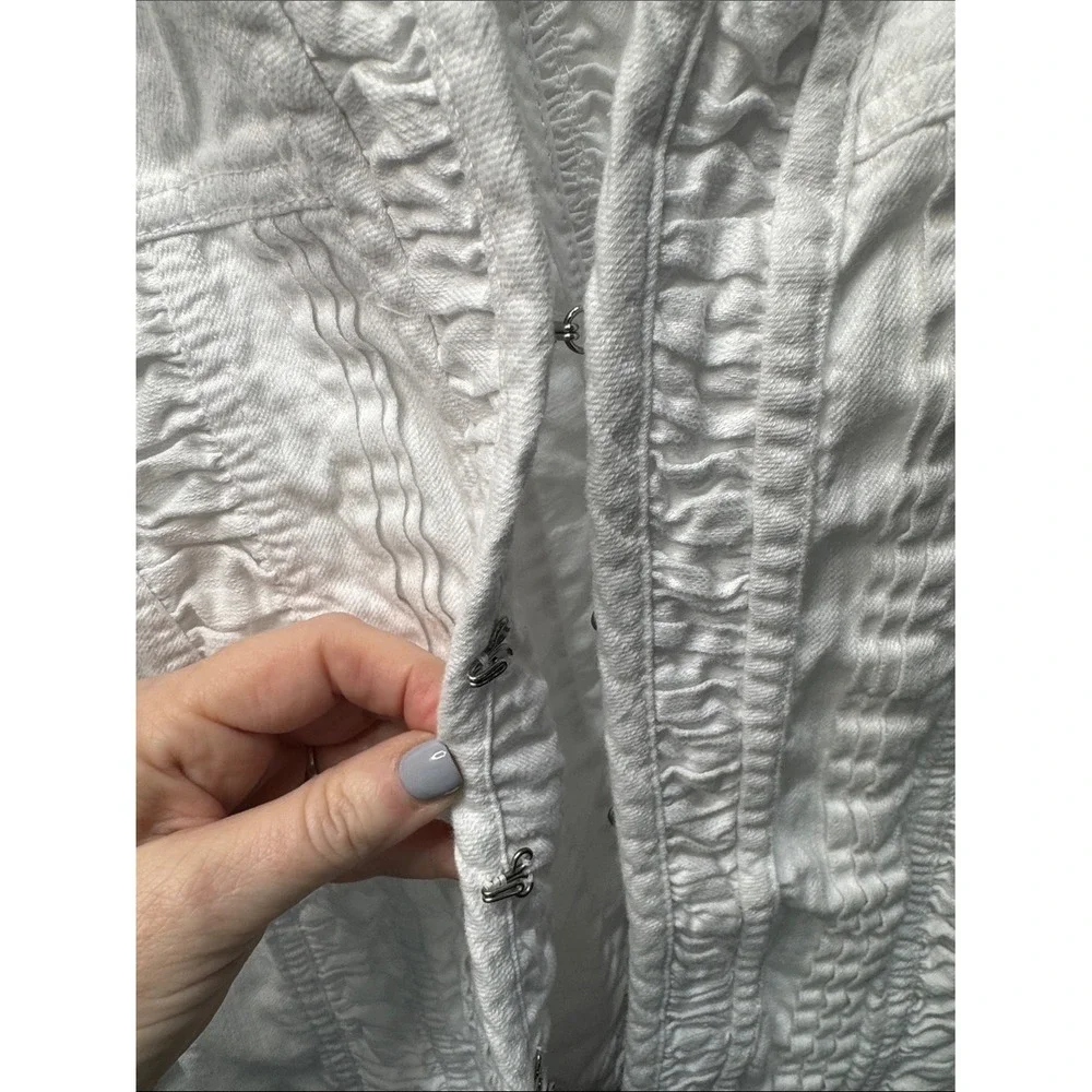 Dressbarn White‎ Ruffle Denim Jacket Hook Eye Closure 3/4 Sleeve Large